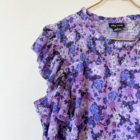 City Chic Bella Purple Floral Smocked Ruffle Sleeveless Blouse M / 18 - Picture 5 of 10